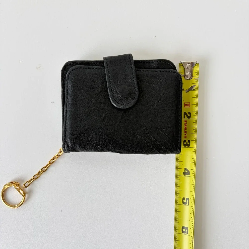Vintage Black Genuine Leather Mini Wallet Keychain ID Window Bifold Coin Purse